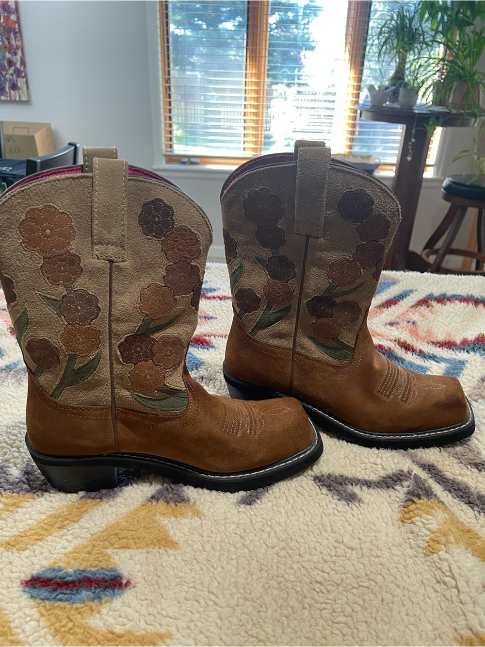 Ariat Suede Cowboy Boots in Chestnut Brown & Tan | Baby Doll Floral Appliqué |